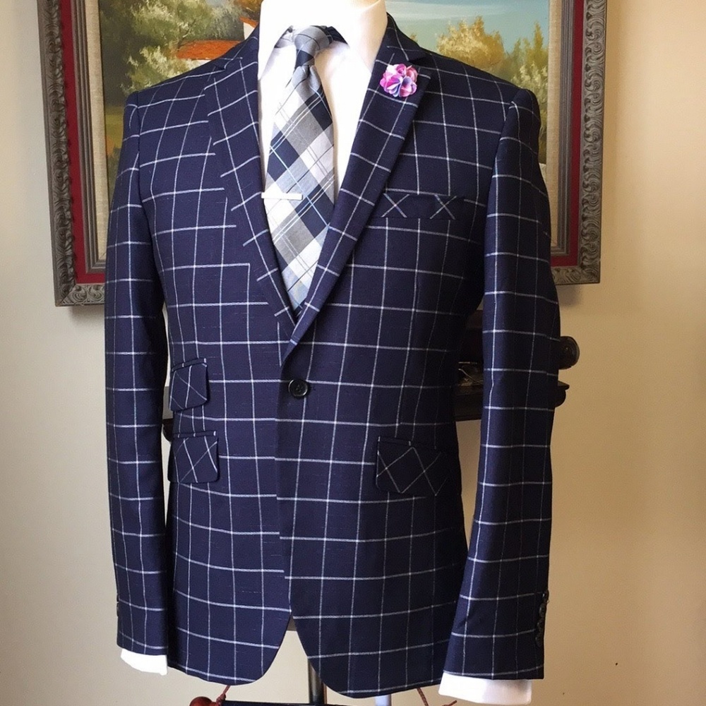 3 Piece Men’s British Cut Plaid Suit Navy Fitted